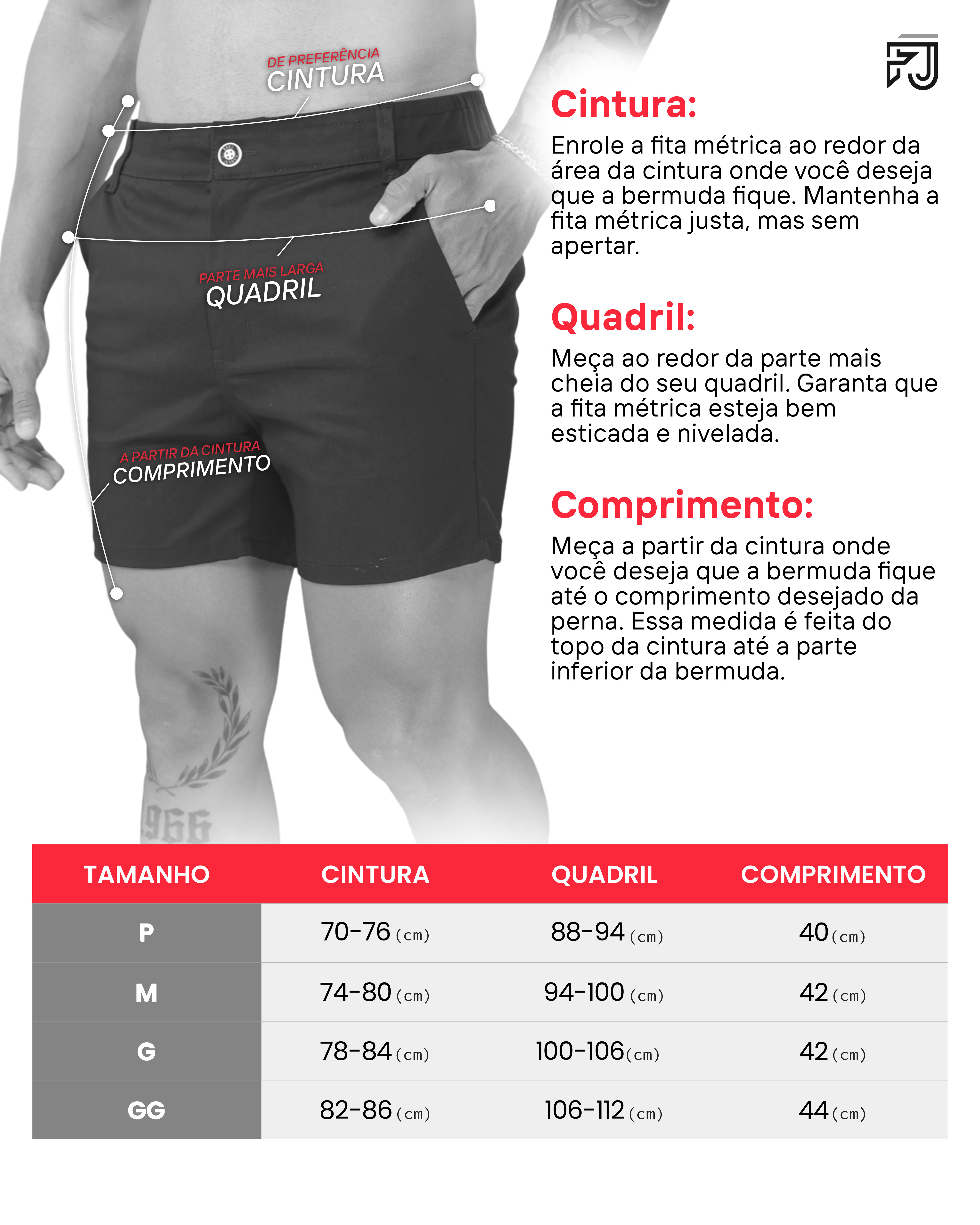 Tabela de medidas shorts sarja